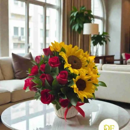 Arreglo Floral de Rosas y Girasoles