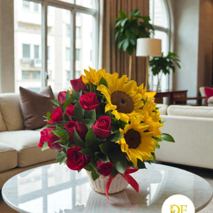 Arreglo Floral de Rosas y Girasoles